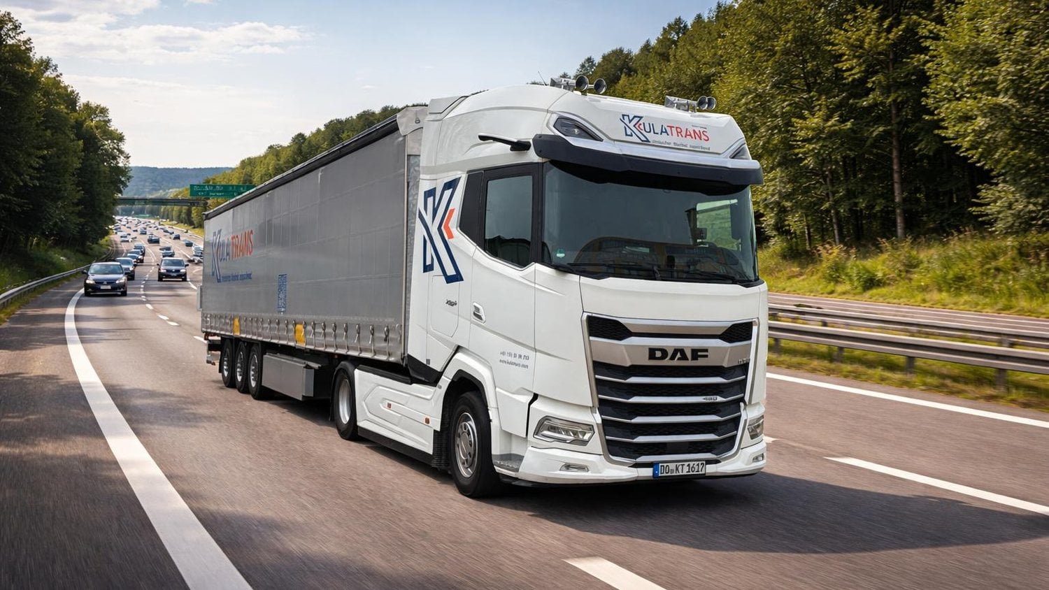 Ein weißer Sattelzug mit Planenauflieger fährt auf der Autobahn. Auf der Sonnenblende steht der Kulatrans-Schriftzug, am Fahrerhaus das Firmenzeichen, das Kennzeichen ist in Dortmund zugelassen.
